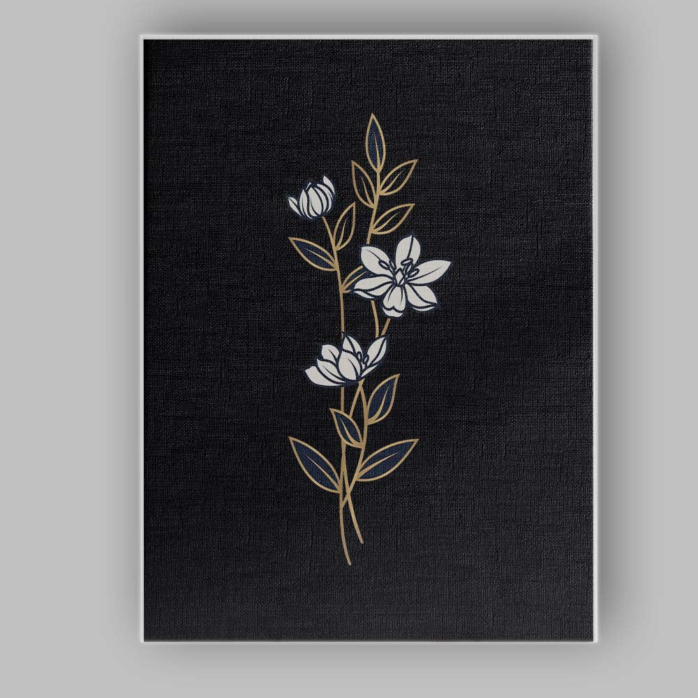 Elegant White Floral Stem Gold Line Art Black Background Canvas Wall Art Print Decor Picture Ready to Hang