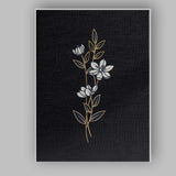 Elegant White Floral Stem Gold Line Art Black Background Canvas Wall Art Print Decor Picture Ready to Hang