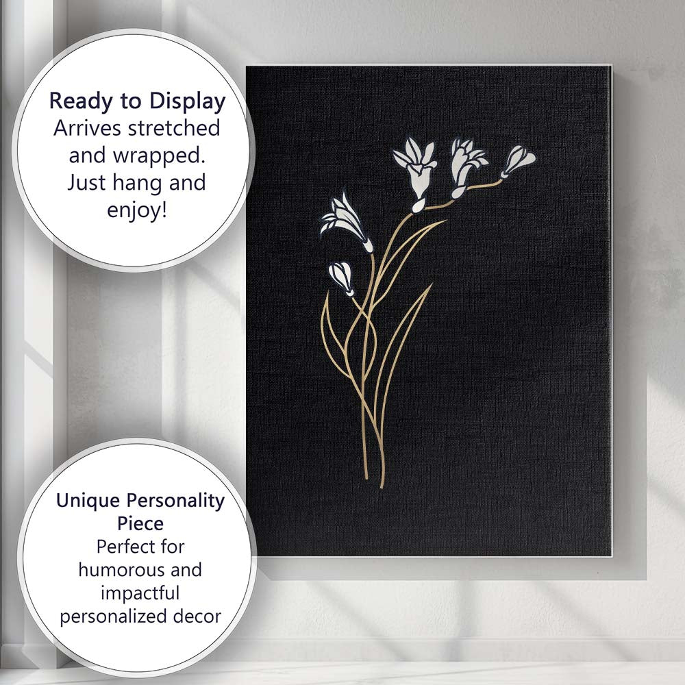 Minimalist White Bell Flower Gold Line Art Black Background Canvas Wall Art Print Decor Picture Ready to Hang