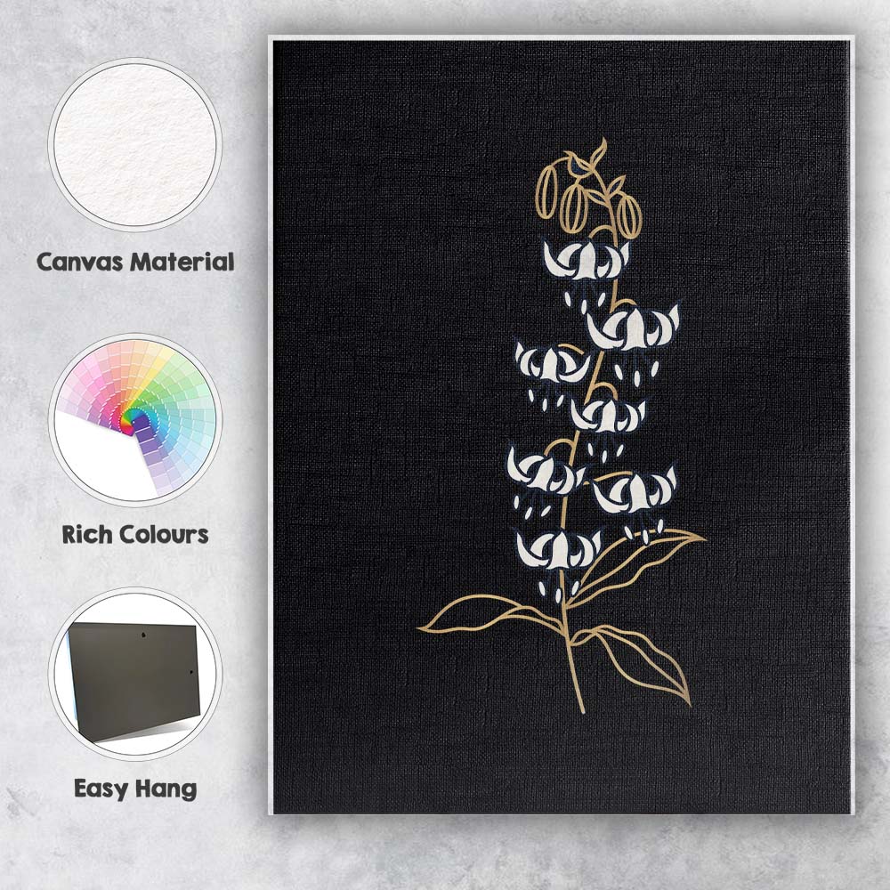 Elegant White Fuchsia Flower Gold Line Art Black Background Canvas Wall Art Print Decor Picture Ready to Hang