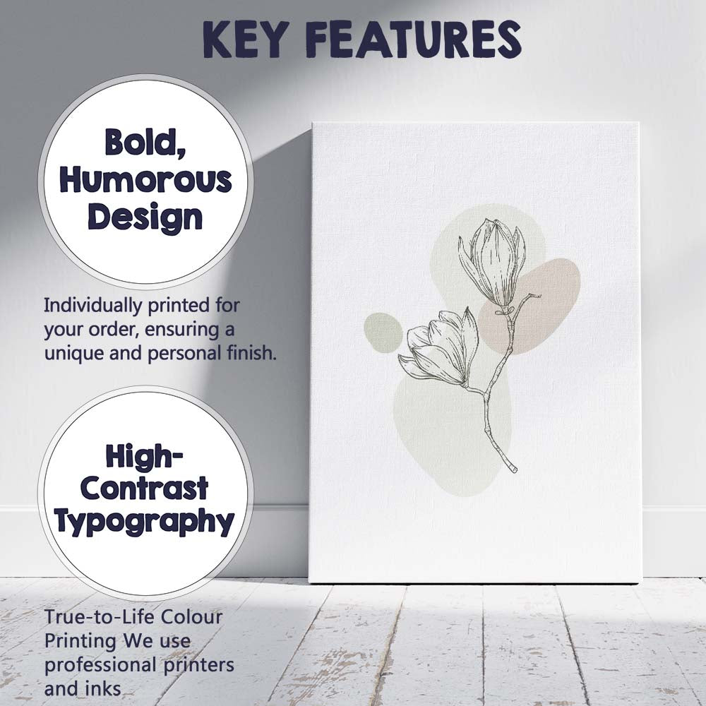 Elegant Magnolia Blossom Botanical Sketch Neutral Abstract Canvas Wall Art Print Decor Picture Ready to Hang