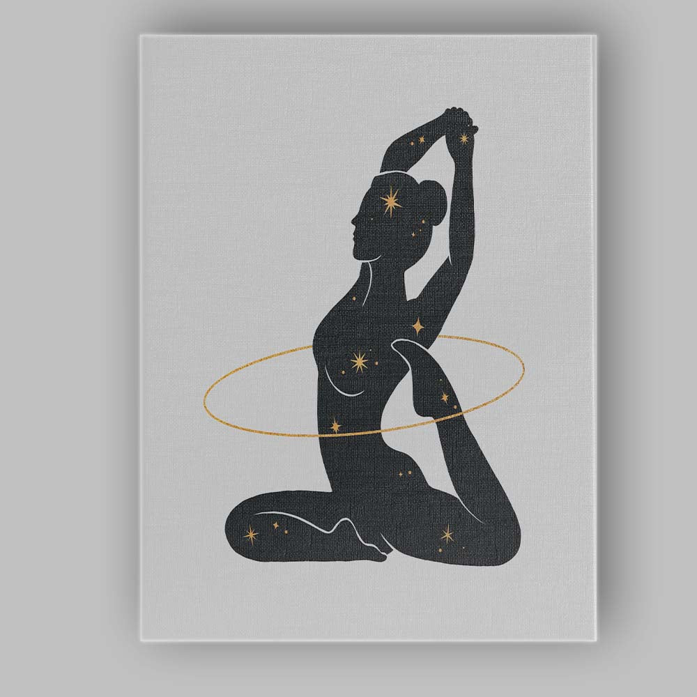 Celestial Yoga Pose Woman Silhouette Gold Stars Canvas Wall Art Print Decor Picture Ready to Hang