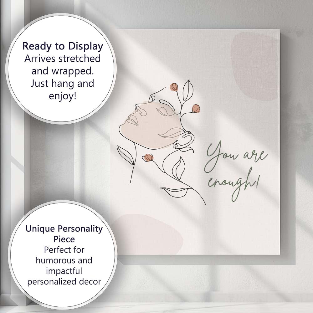 Minimalist Floral Woman Line Art You Are Enough Quote Canvas Wall Art Print Decor Picture Ready to Hang