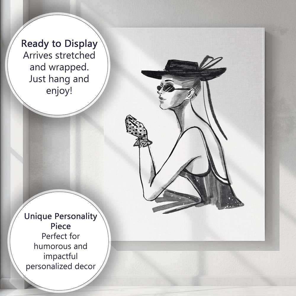 Elegant Monochrome Fashion Woman Watercolour Portrait Canvas Wall Art Print Decor Picture Ready to Hang