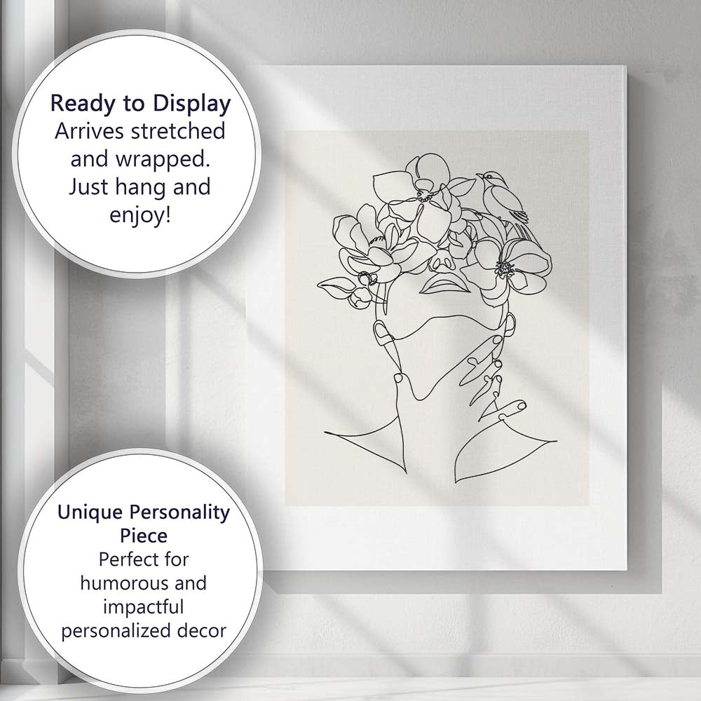 Minimalist Floral Face One Line Drawing Bird Illustration Canvas Wall Art Print Decor Picture Ready to Hang