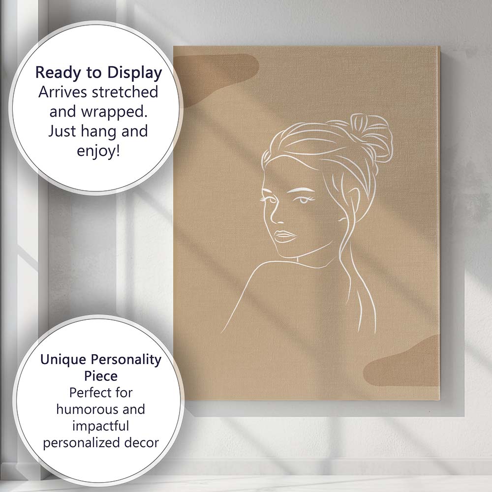 Elegant Woman Portrait White Line Art Neutral Beige Canvas Wall Art Print Decor Picture Ready to Hang