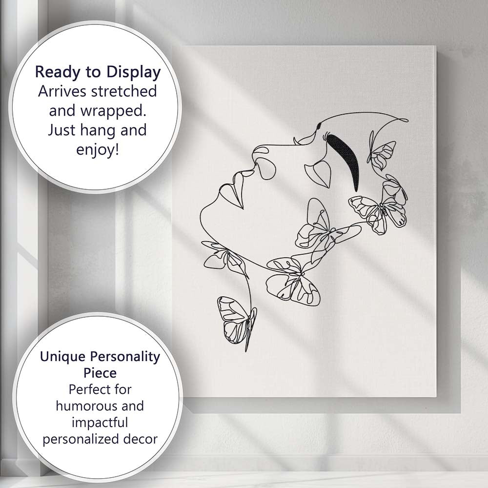 Minimalist Butterfly Woman Face Continuous Line Drawing Canvas Wall Art Print Decor Picture Ready to Hang
