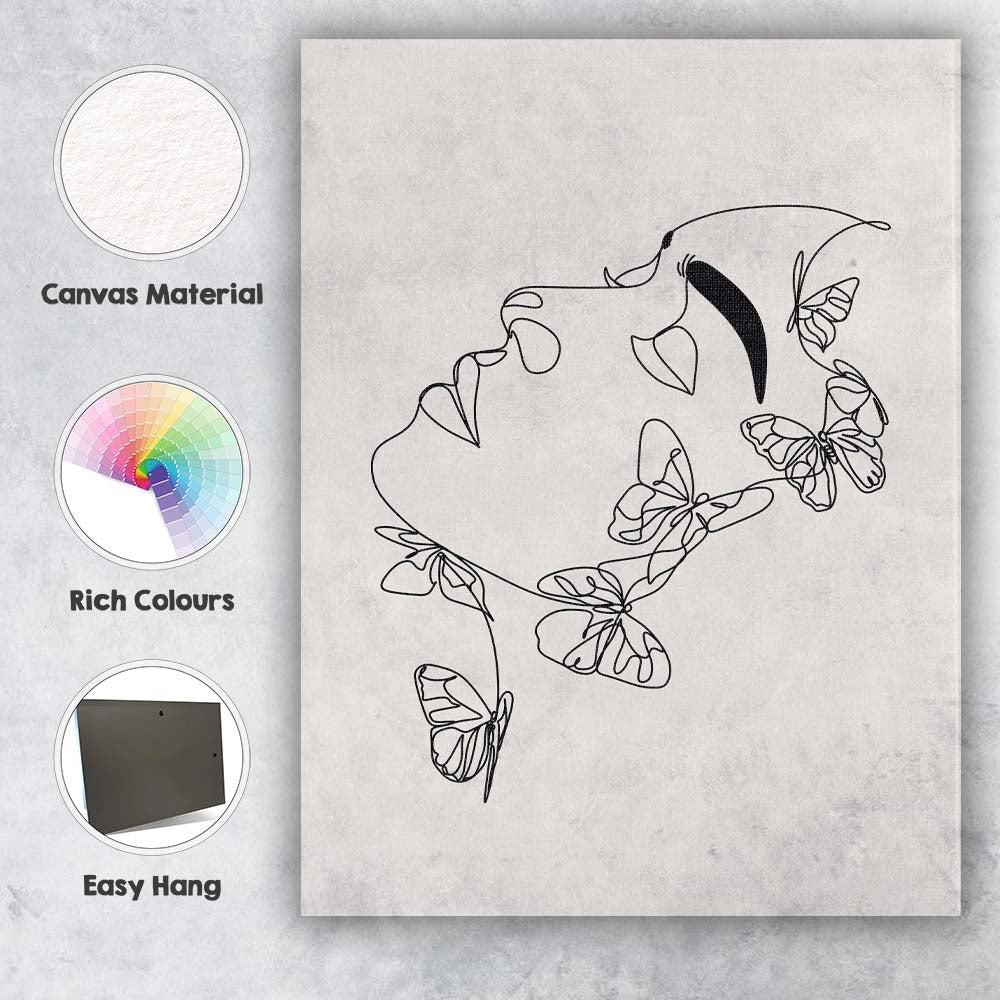 Minimalist Butterfly Woman Face Continuous Line Drawing Canvas Wall Art Print Decor Picture Ready to Hang
