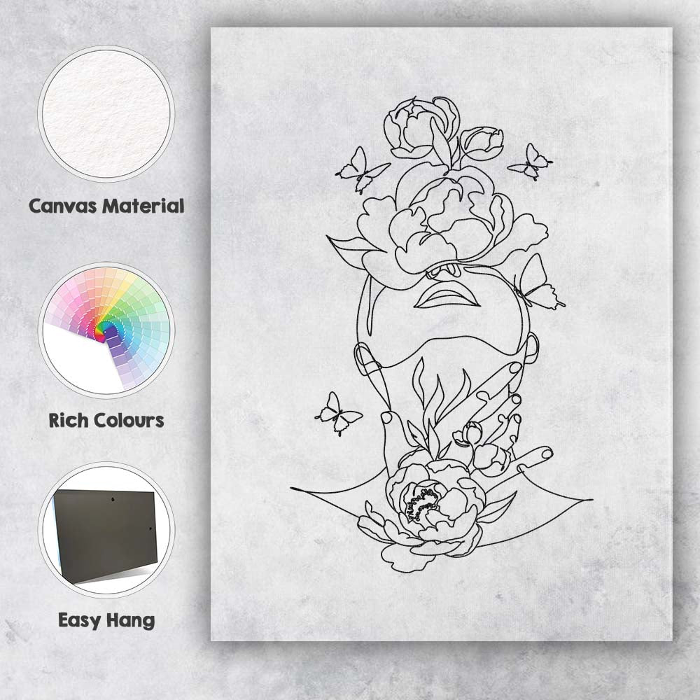 Botanical Floral Woman Face One Line Drawing Butterflies Canvas Wall Art Print Decor Picture Ready to Hang