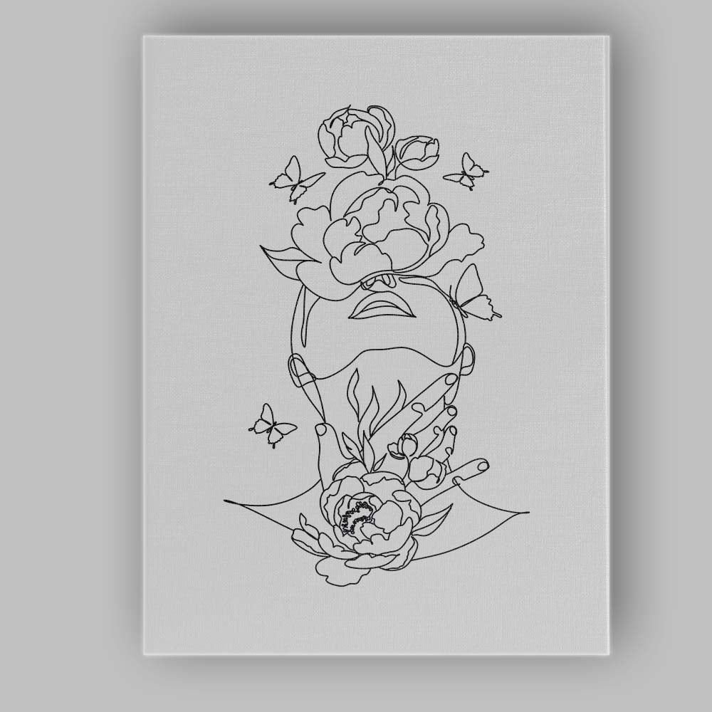 Botanical Floral Woman Face One Line Drawing Butterflies Canvas Wall Art Print Decor Picture Ready to Hang