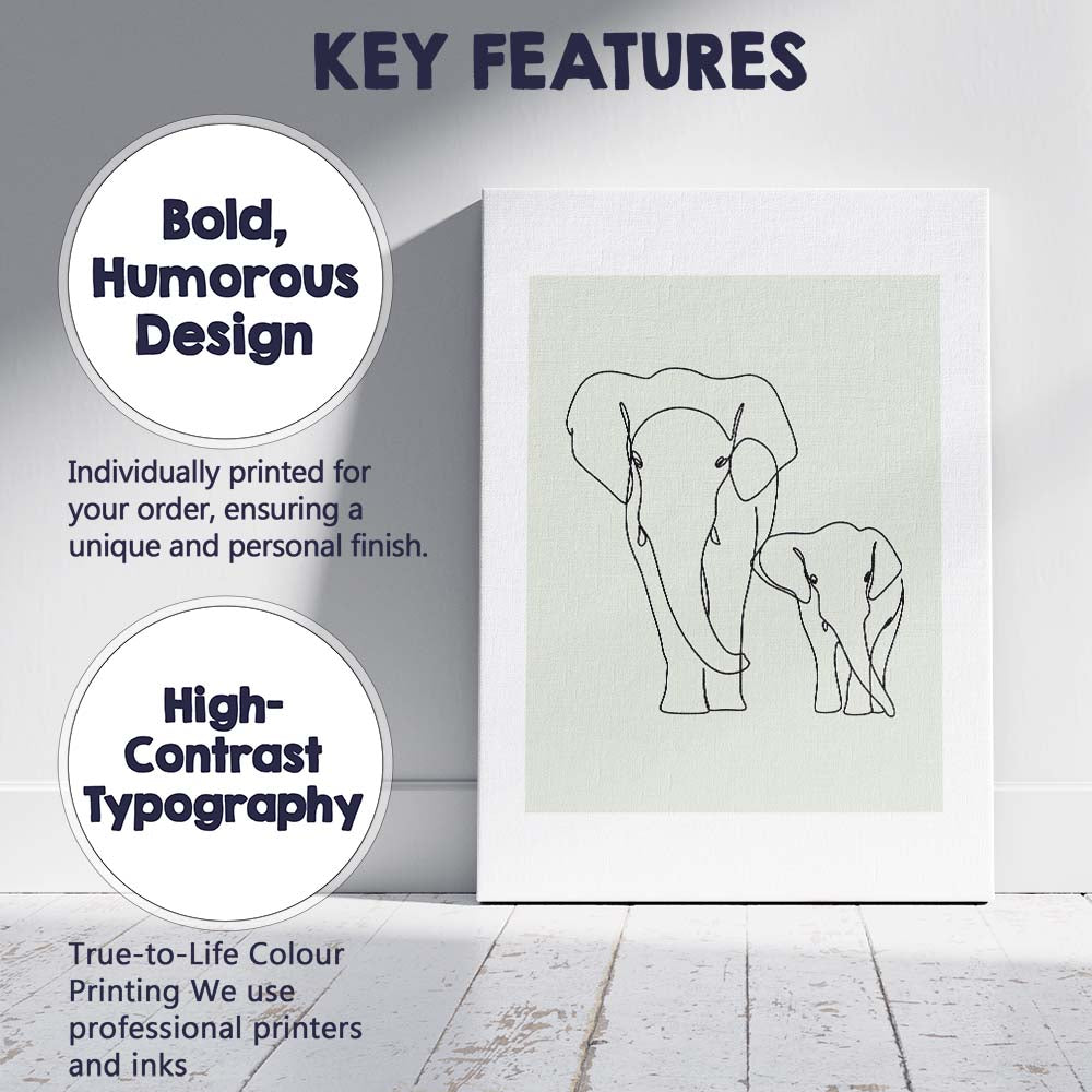 Minimalist Elephant Mother And Baby One Line Drawing Canvas Wall Art Print Decor Picture Ready to Hang