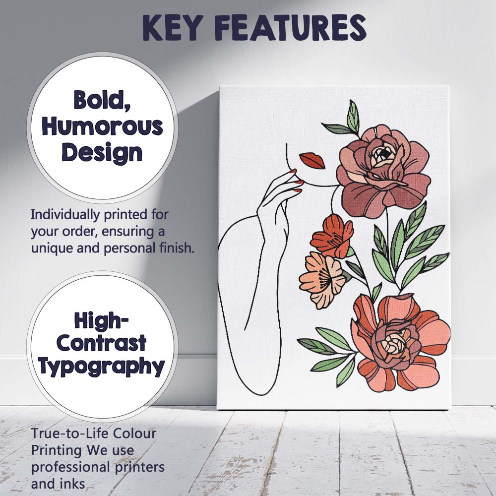 Boho Floral Woman Face Black Background Botanical Illustration Canvas Wall Art Print Decor Picture Ready to Hang