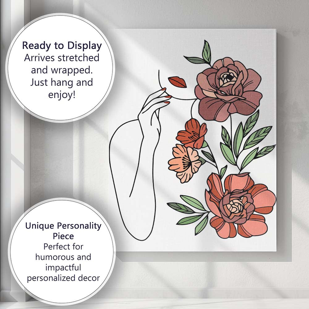 Boho Floral Woman Face Black Background Botanical Illustration Canvas Wall Art Print Decor Picture Ready to Hang