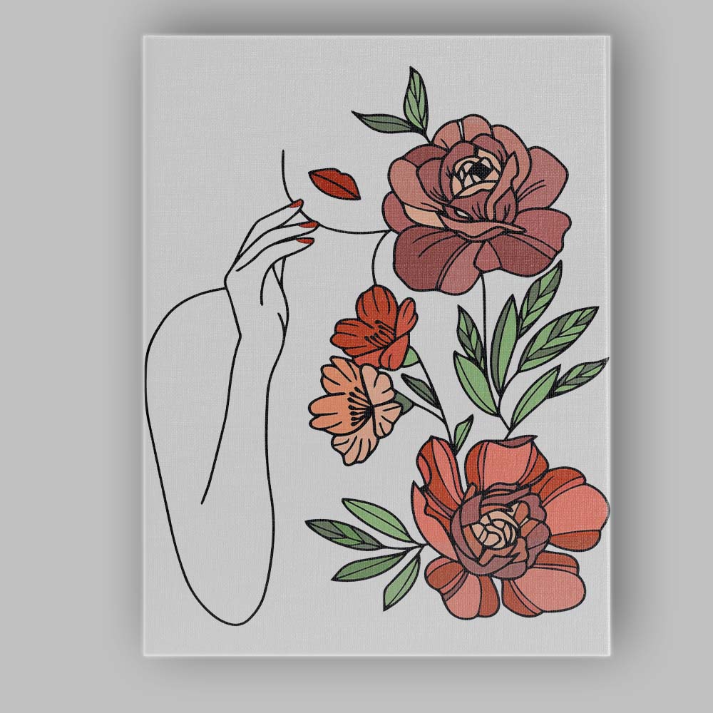 Boho Floral Woman Face Black Background Botanical Illustration Canvas Wall Art Print Decor Picture Ready to Hang