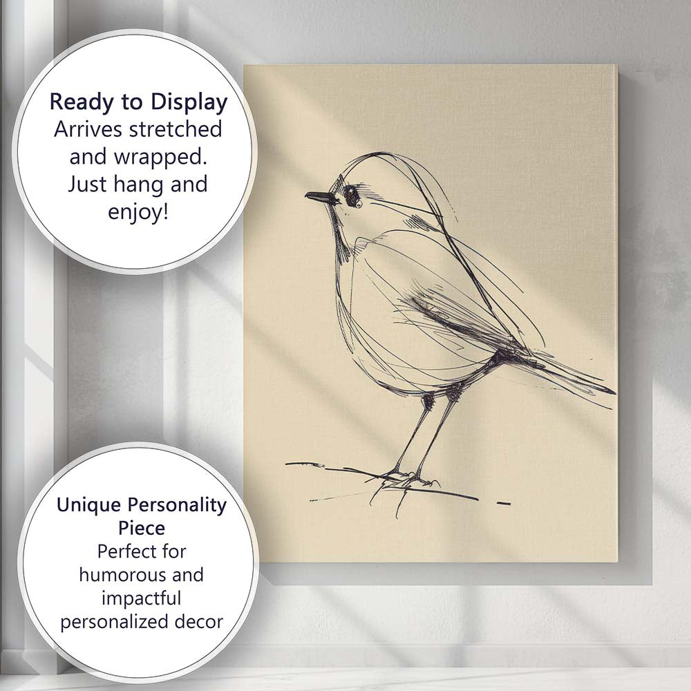 Minimalist Sketch Perched Songbird Line Drawing Canvas Wall Art Print Decor Picture Ready to Hang