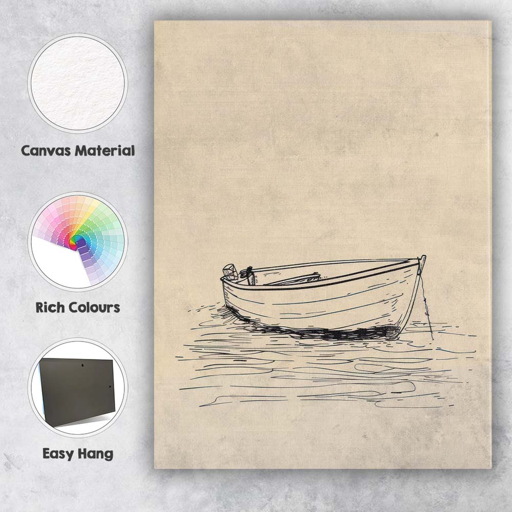 Minimalist Row Boat On Calm Water Line Art Canvas Wall Art Print Decor Picture Ready to Hang