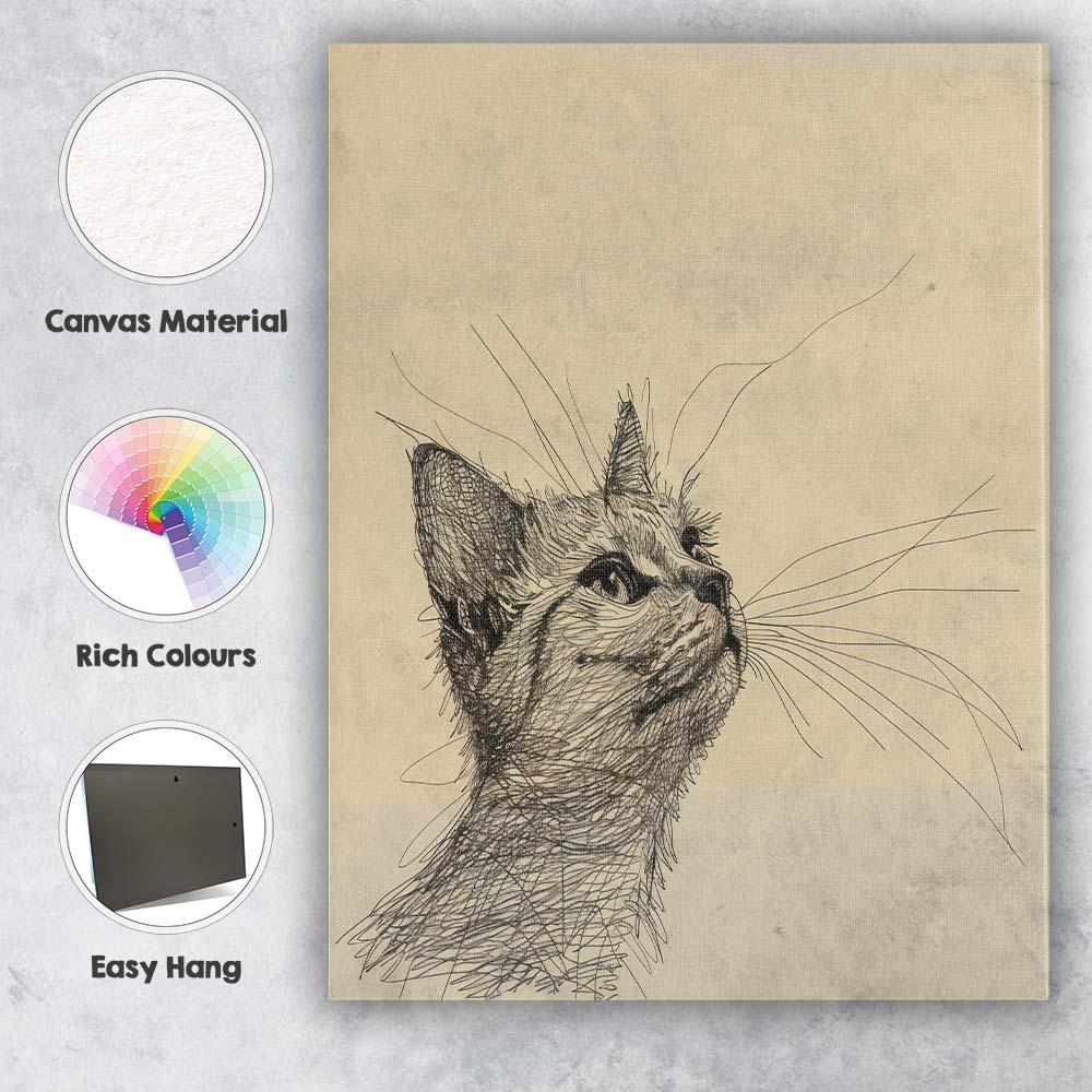Detailed Kitten Portrait Pen Sketch Canvas Wall Art Print Decor Picture Ready to Hang