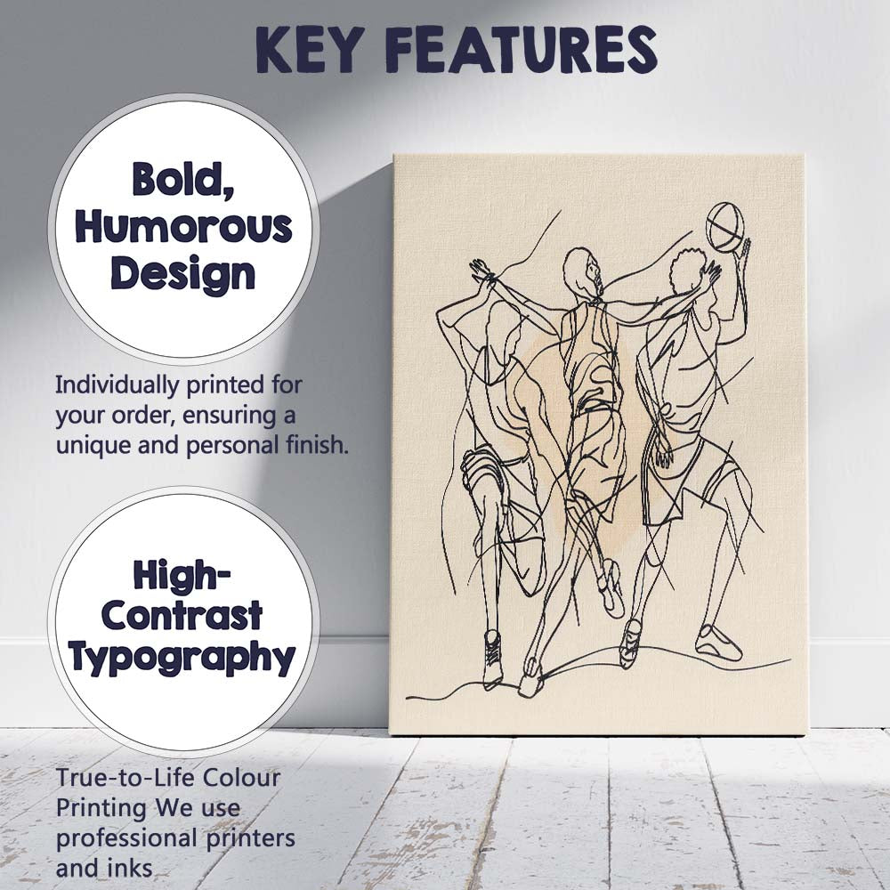 Continuous Line Basketball Players Action Illustration Canvas Wall Art Print Decor Picture Ready to Hang