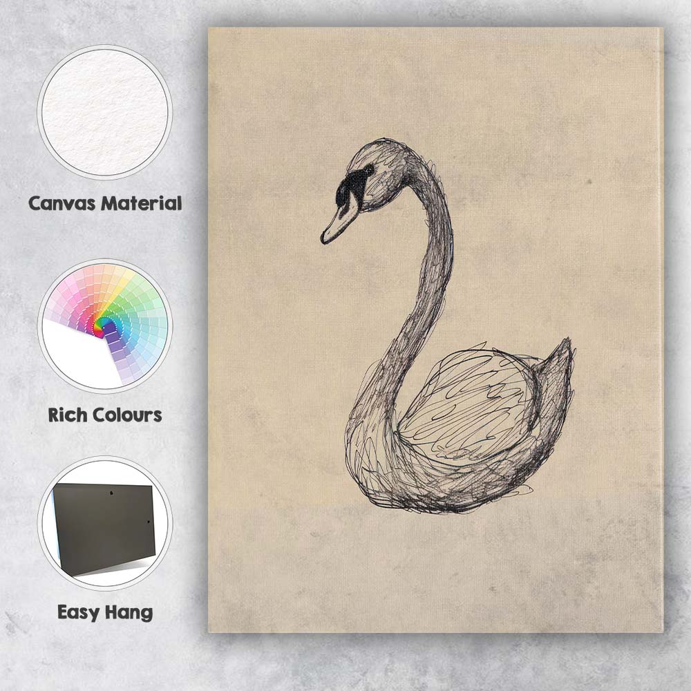 Detailed Swan Bird Sketch Illustration Canvas Wall Art Print Decor Picture Ready to Hang