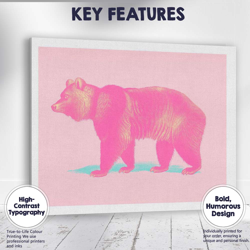 Pop Art Pink Brown Bear Minimalist Wildlife Canvas Wall Art Print Decor Picture Ready to Hang