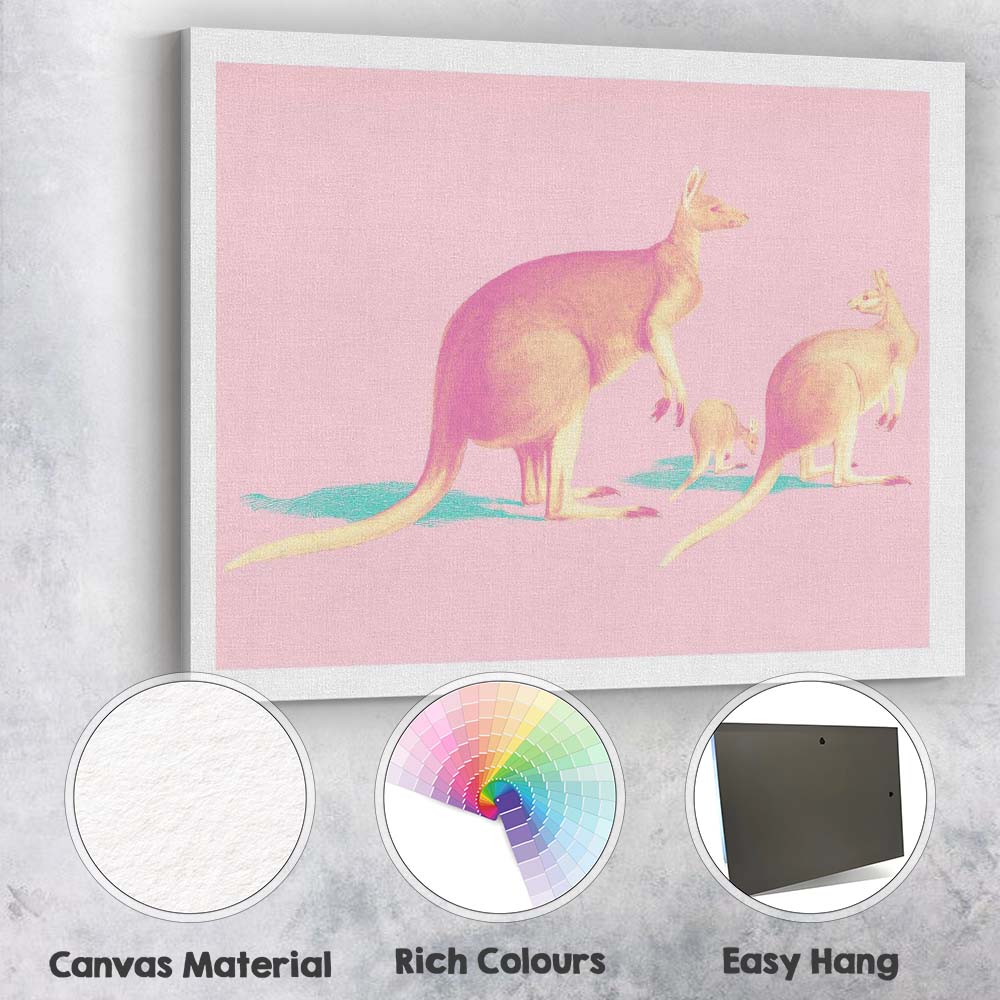 Pop Art Kangaroo Family Pink Background Canvas Wall Art Print Decor Picture Ready to Hang