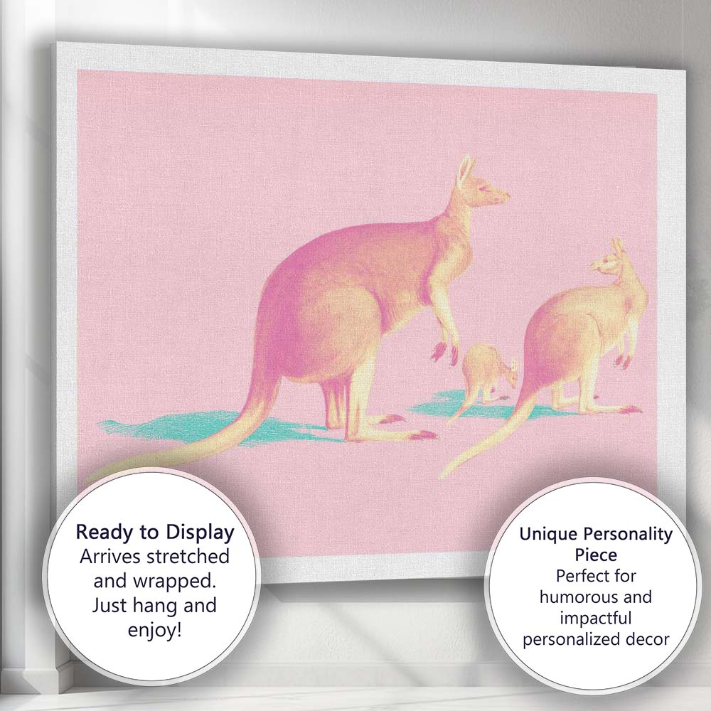 Pop Art Kangaroo Family Pink Background Canvas Wall Art Print Decor Picture Ready to Hang