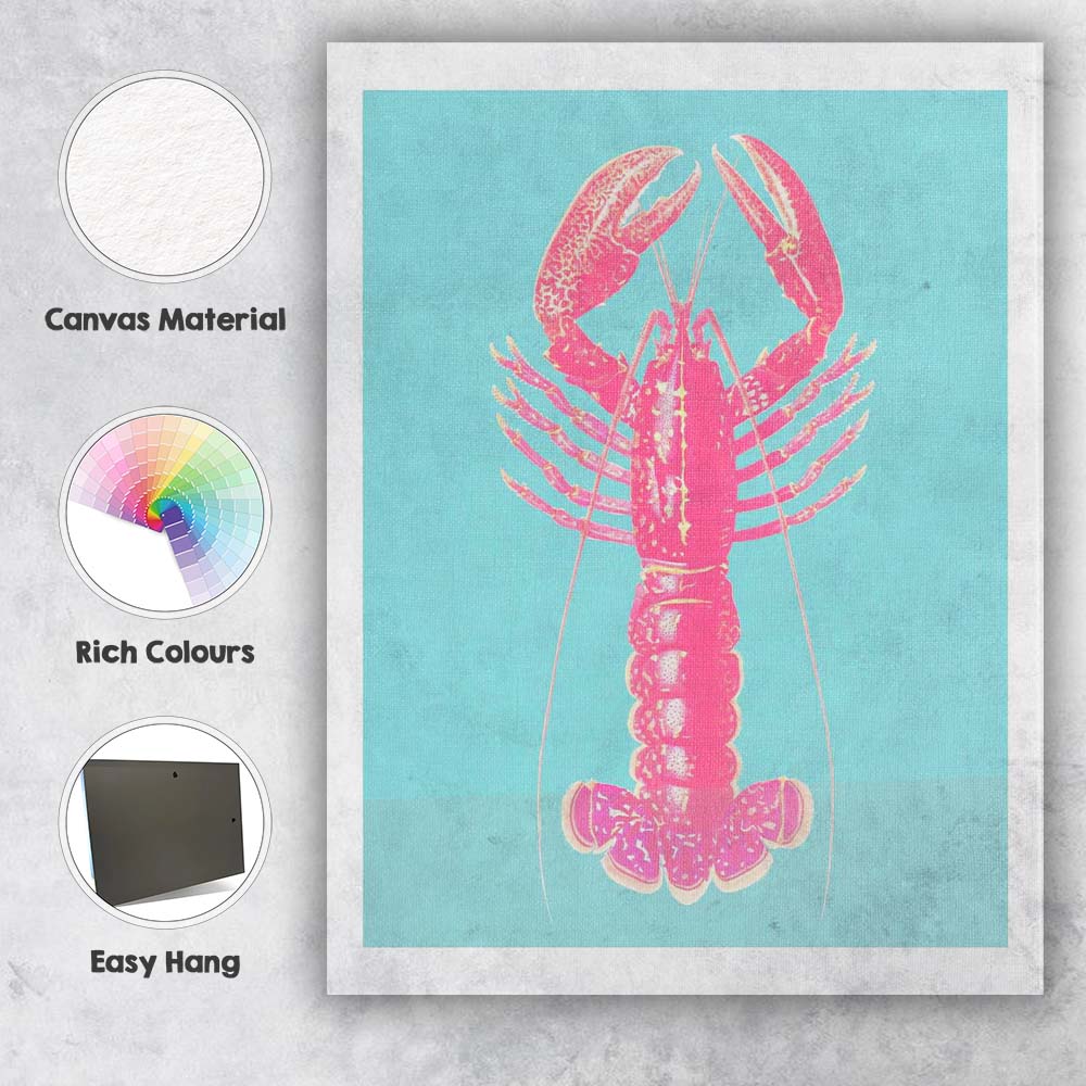 Pop Art Pink Lobster Turquoise Background Coastal Canvas Wall Art Print Decor Picture Ready to Hang