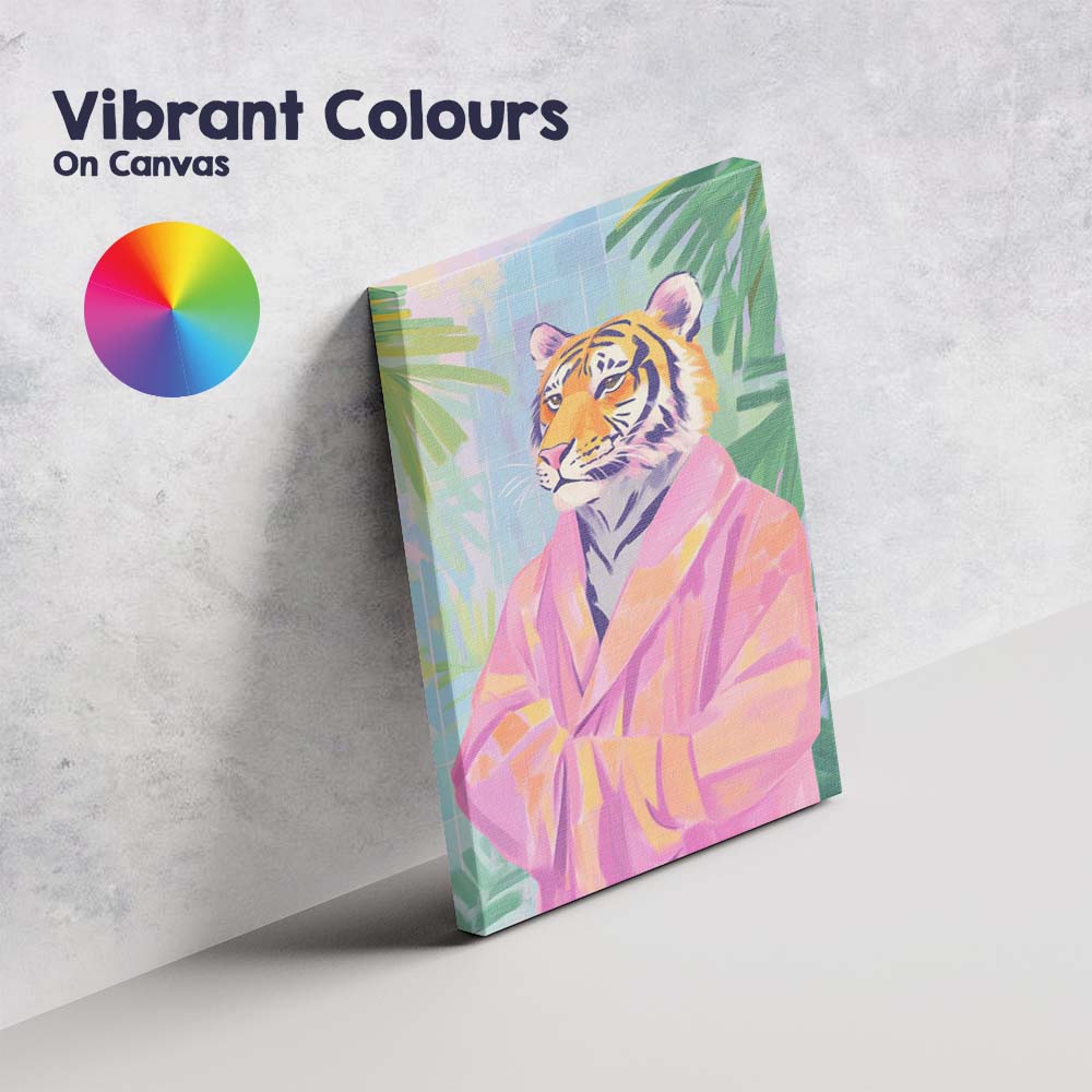 Stylish Tiger Portrait Pink Robe Tropical Canvas Wall Art Print Decor Picture Ready to Hang