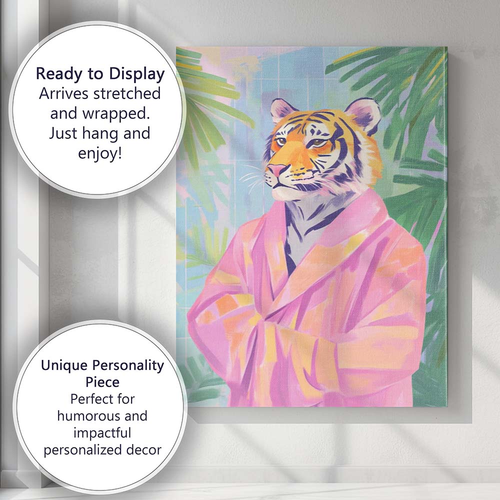 Stylish Tiger Portrait Pink Robe Tropical Canvas Wall Art Print Decor Picture Ready to Hang