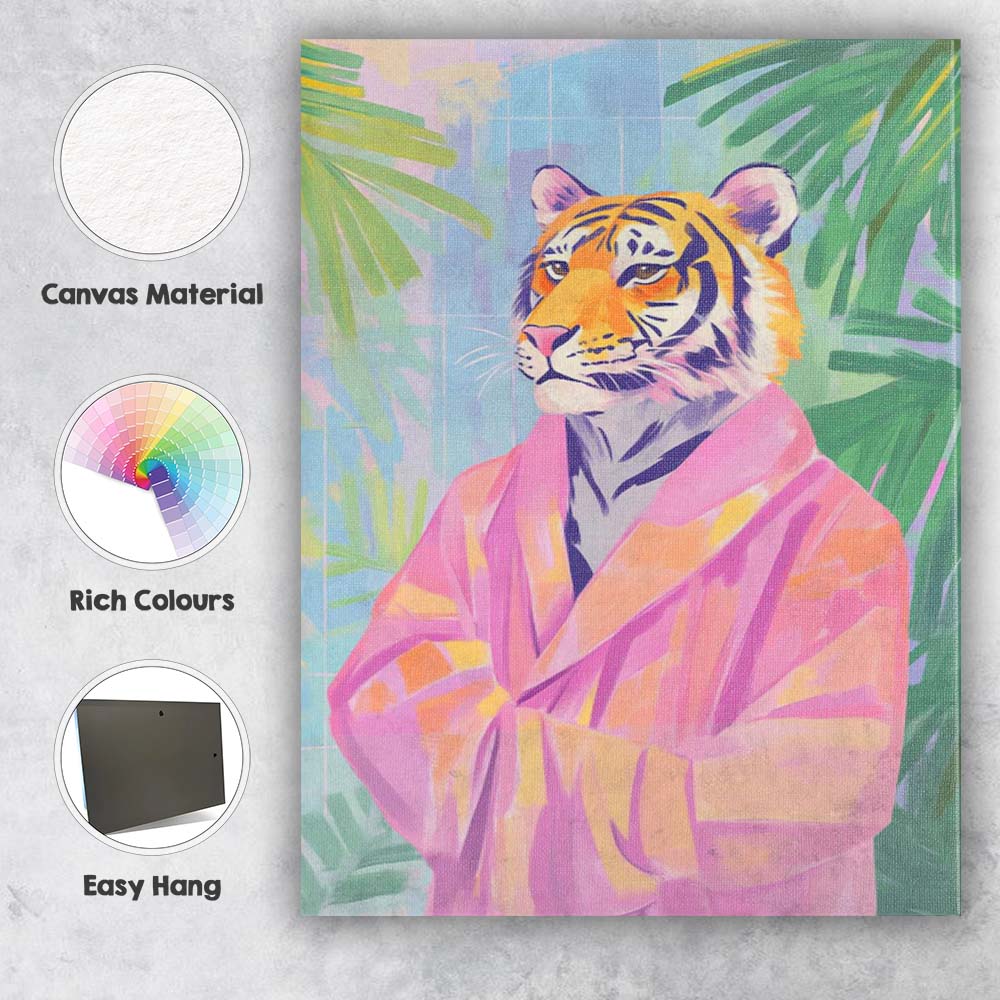 Stylish Tiger Portrait Pink Robe Tropical Canvas Wall Art Print Decor Picture Ready to Hang