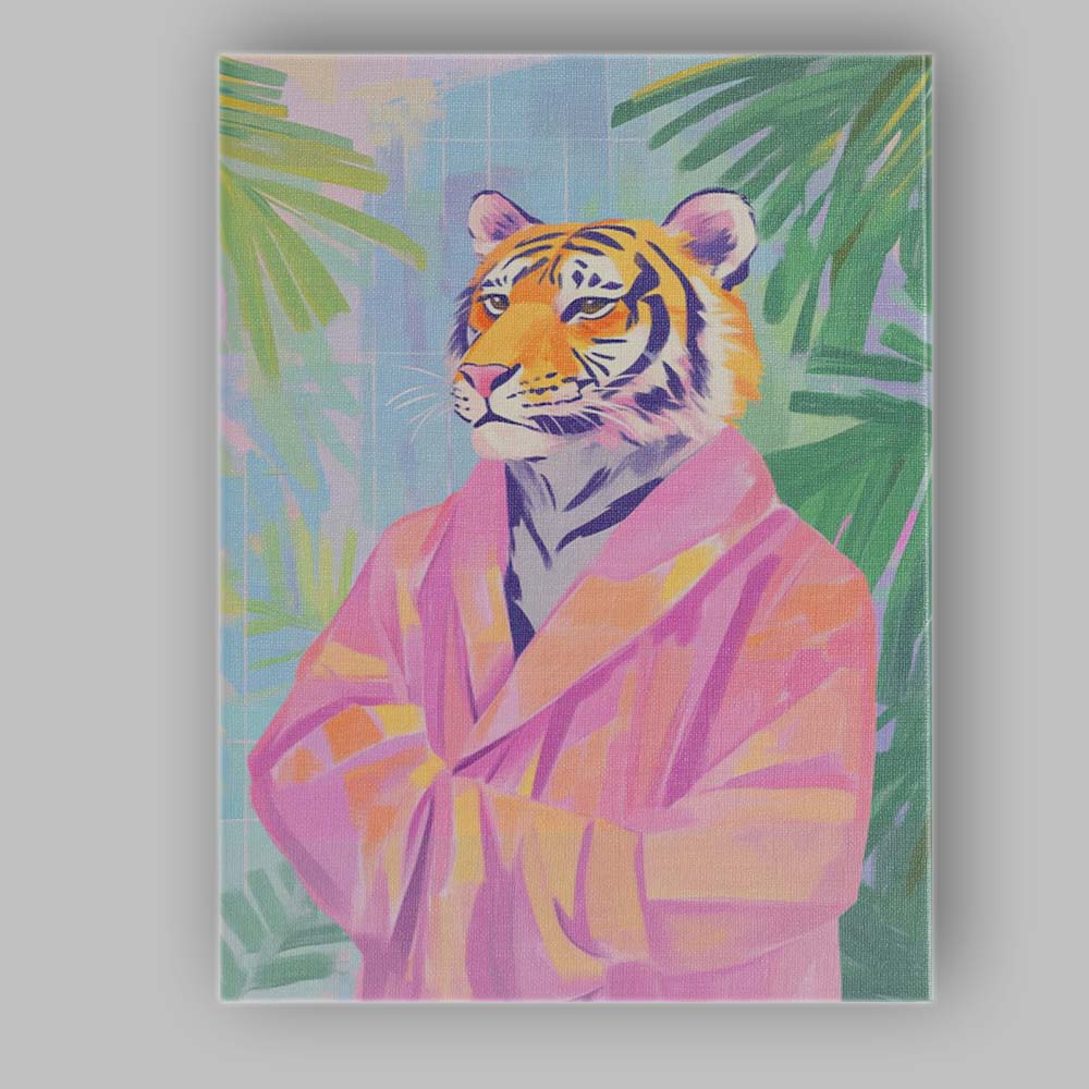 Stylish Tiger Portrait Pink Robe Tropical Canvas Wall Art Print Decor Picture Ready to Hang