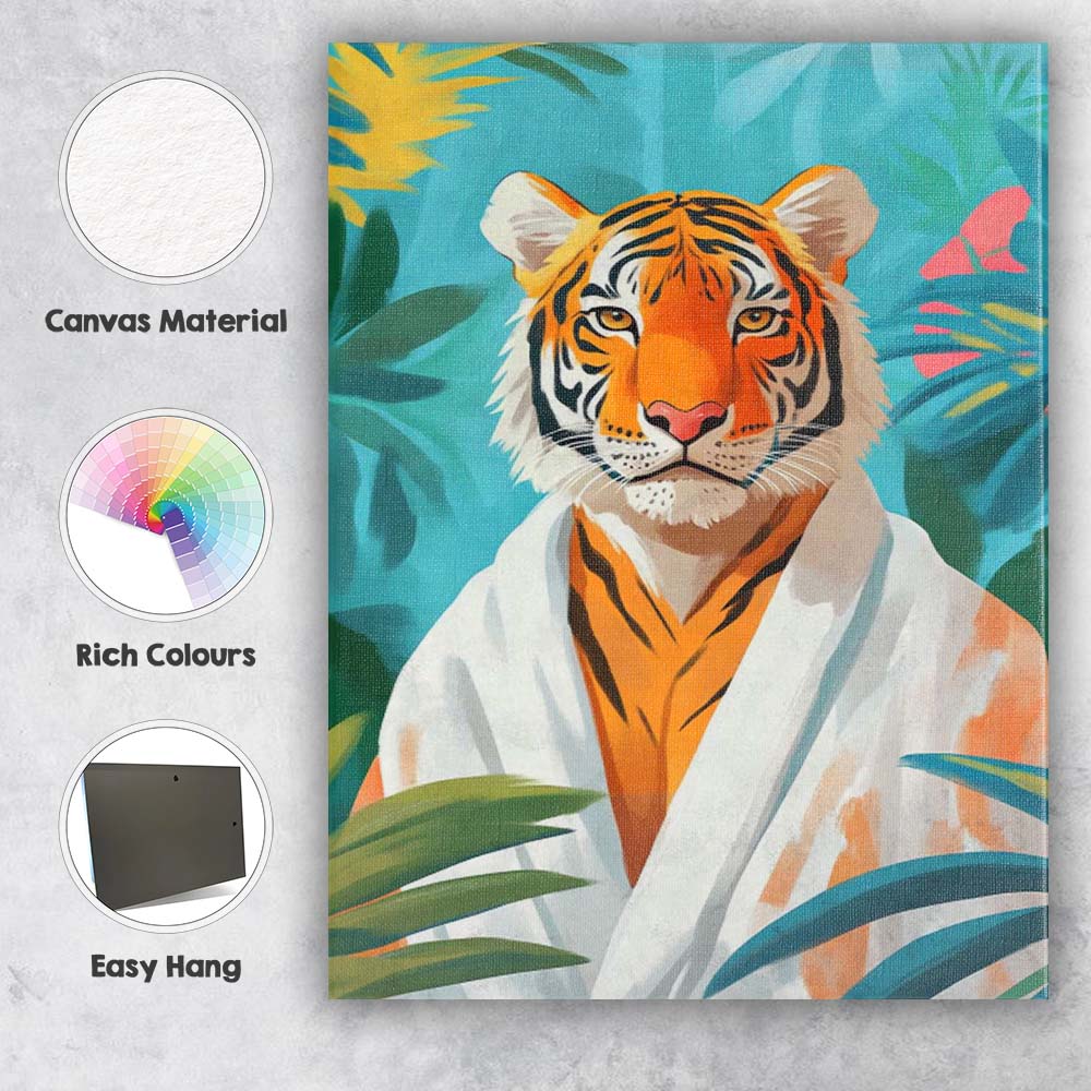 Elegant Tiger Portrait White Robe Tropical Canvas Wall Art Print Decor Picture Ready to Hang