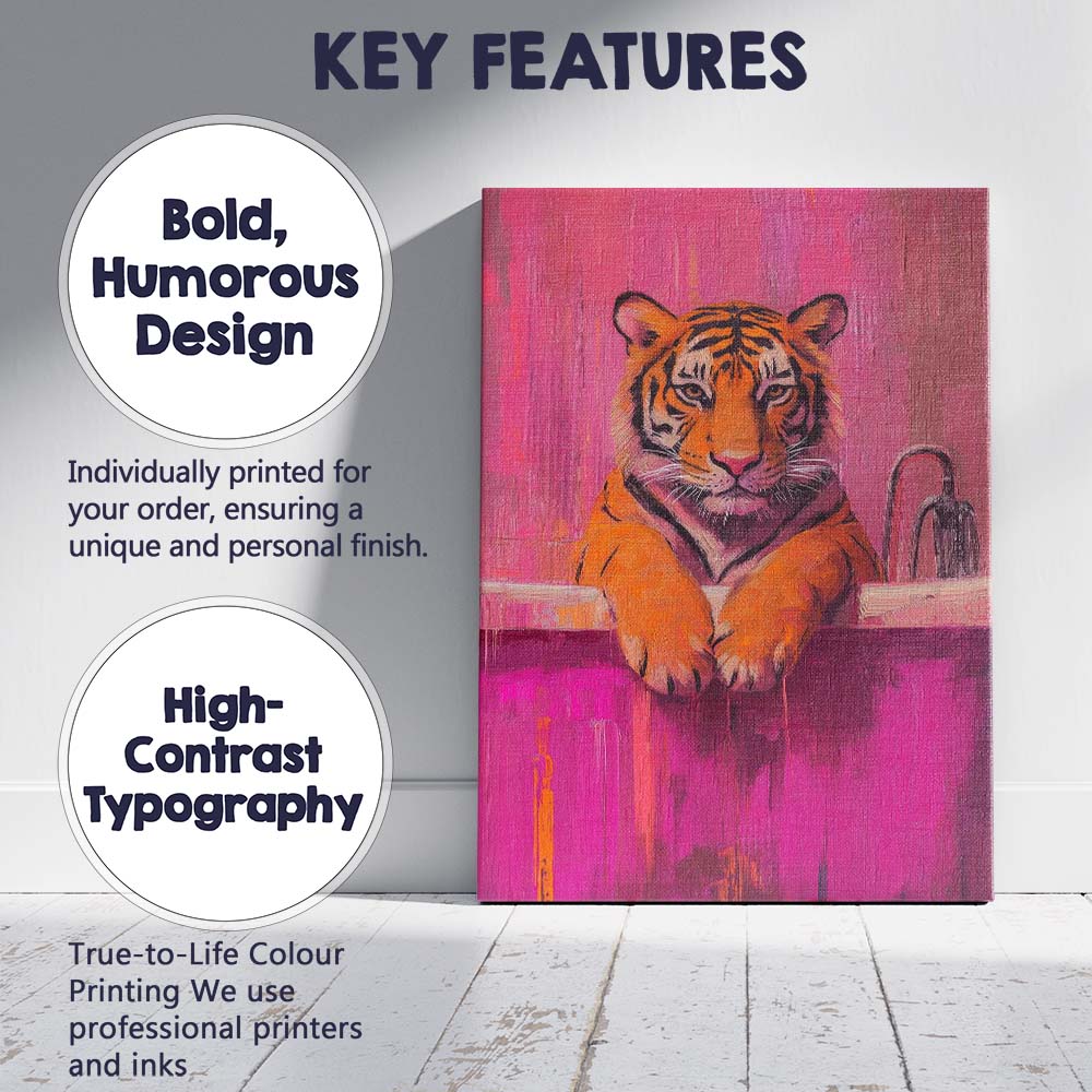 Tiger Relaxing in Pink Bathtub Contemporary Canvas Wall Art Print Decor Picture Ready to Hang