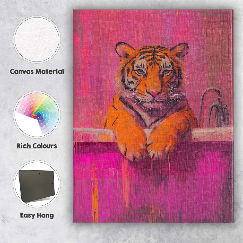 Tiger Relaxing in Pink Bathtub Contemporary Canvas Wall Art Print Decor Picture Ready to Hang