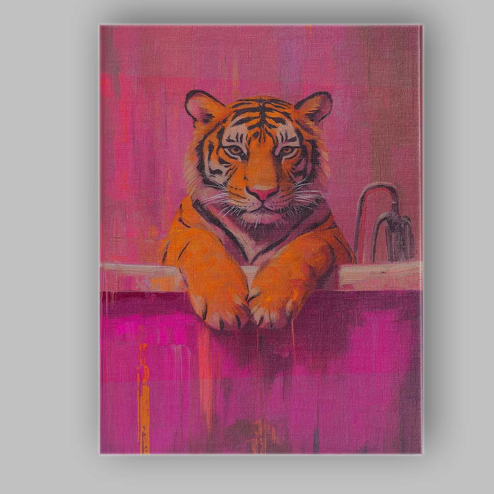 Tiger Relaxing in Pink Bathtub Contemporary Canvas Wall Art Print Decor Picture Ready to Hang