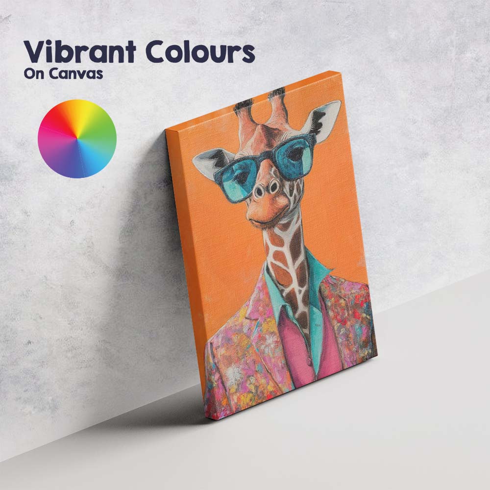 Fashionable Giraffe Wearing Colourful Suit and Sunglasses Canvas Wall Art Print Decor Picture Ready to Hang