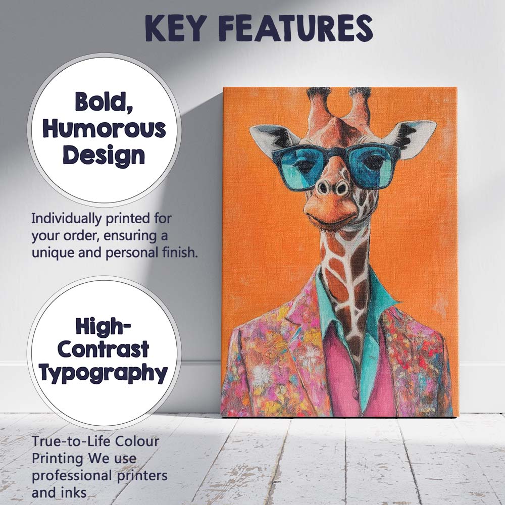 Fashionable Giraffe Wearing Colourful Suit and Sunglasses Canvas Wall Art Print Decor Picture Ready to Hang