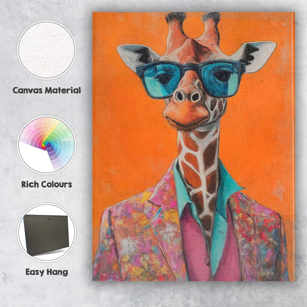 Fashionable Giraffe Wearing Colourful Suit and Sunglasses Canvas Wall Art Print Decor Picture Ready to Hang