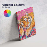 Peaceful Sleeping Tiger Pink Floral Cushion Canvas Wall Art Print Decor Picture Ready to Hang