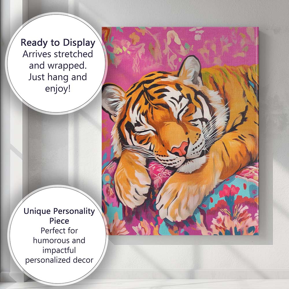 Peaceful Sleeping Tiger Pink Floral Cushion Canvas Wall Art Print Decor Picture Ready to Hang