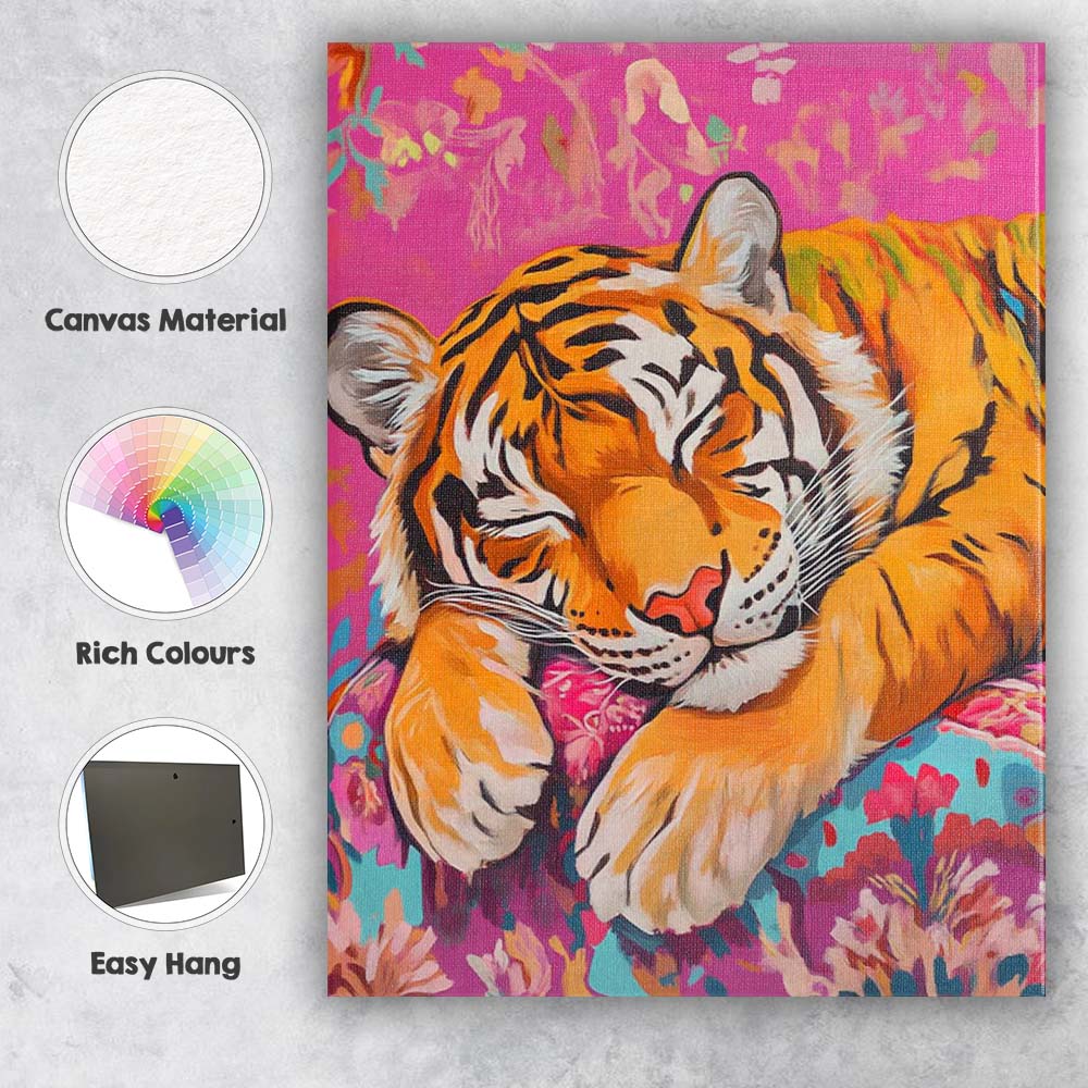 Peaceful Sleeping Tiger Pink Floral Cushion Canvas Wall Art Print Decor Picture Ready to Hang