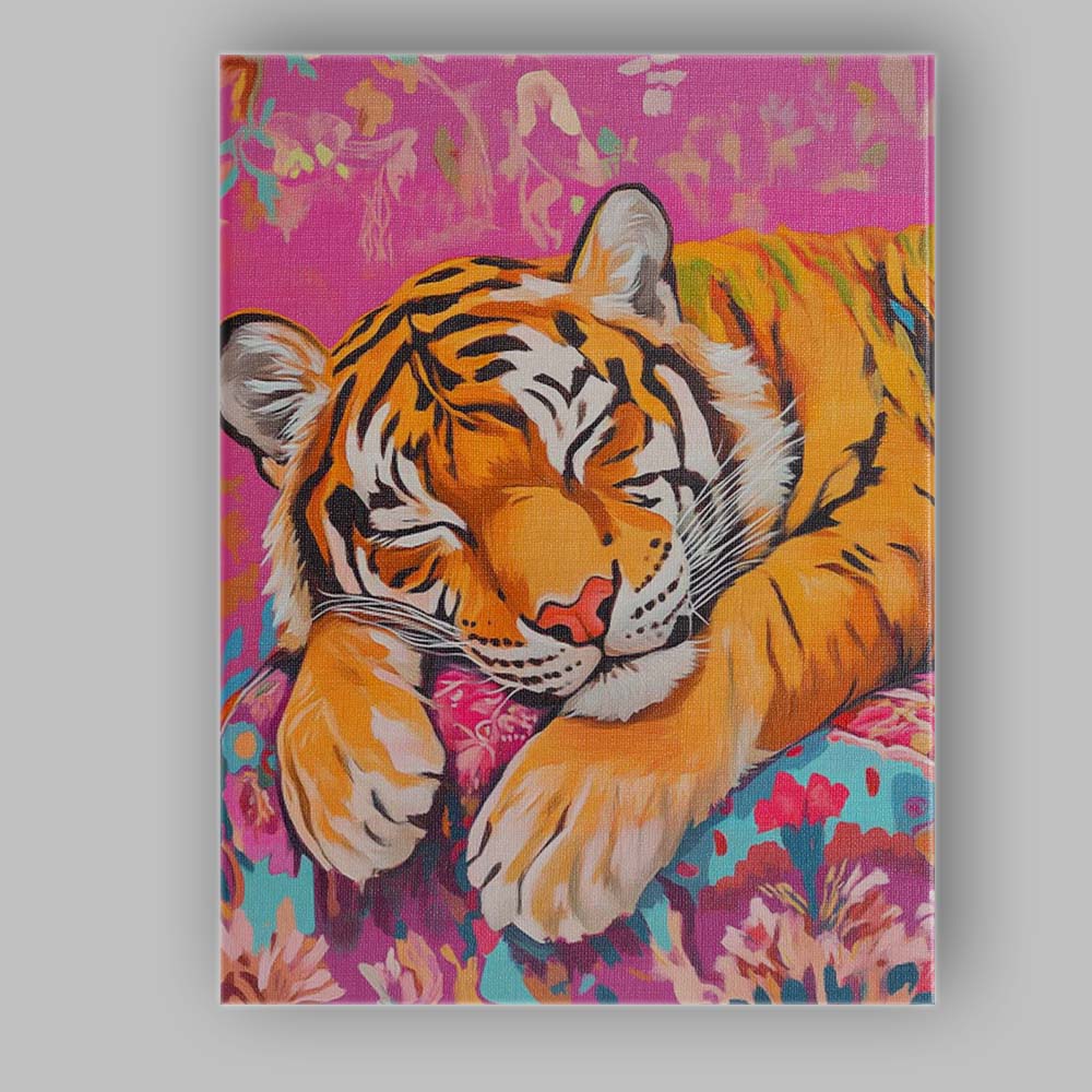 Peaceful Sleeping Tiger Pink Floral Cushion Canvas Wall Art Print Decor Picture Ready to Hang