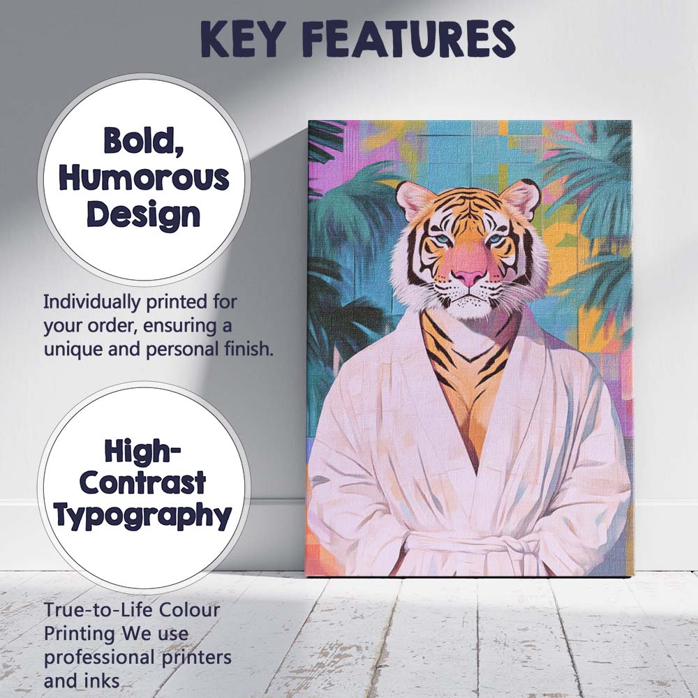 Elegant Tiger Wearing White Spa Robe Tropical Canvas Wall Art Print Decor Picture Ready to Hang
