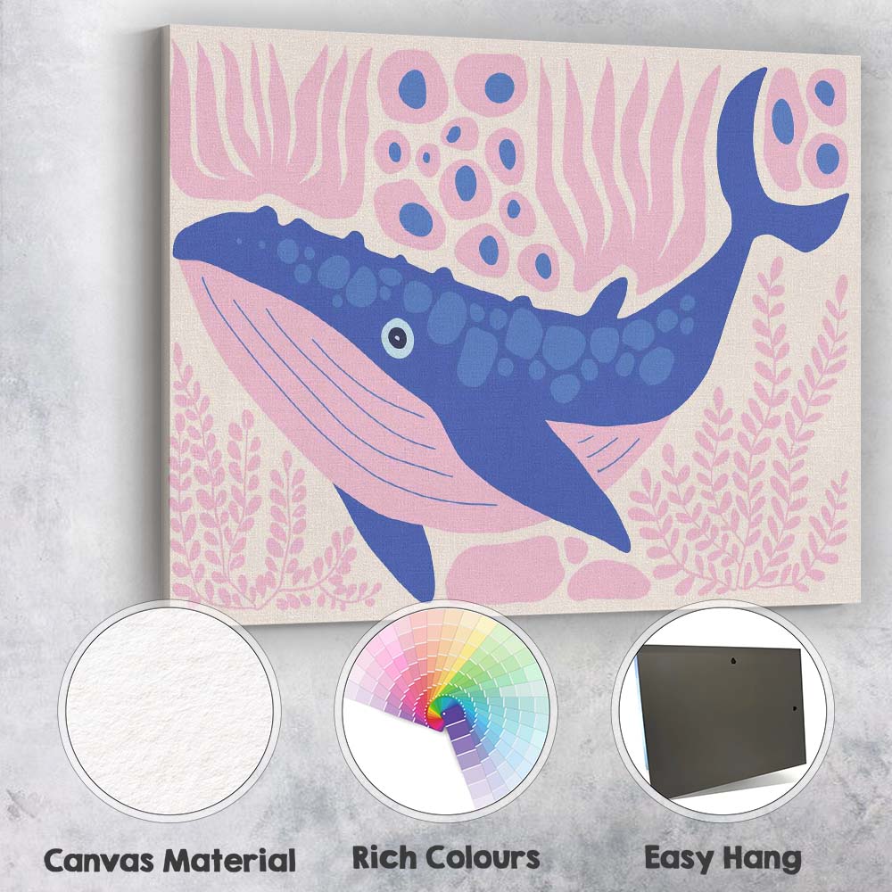 Cute Blue Whale Pink Coral Scandinavian Nursery Canvas Wall Art Print Decor Picture Ready to Hang