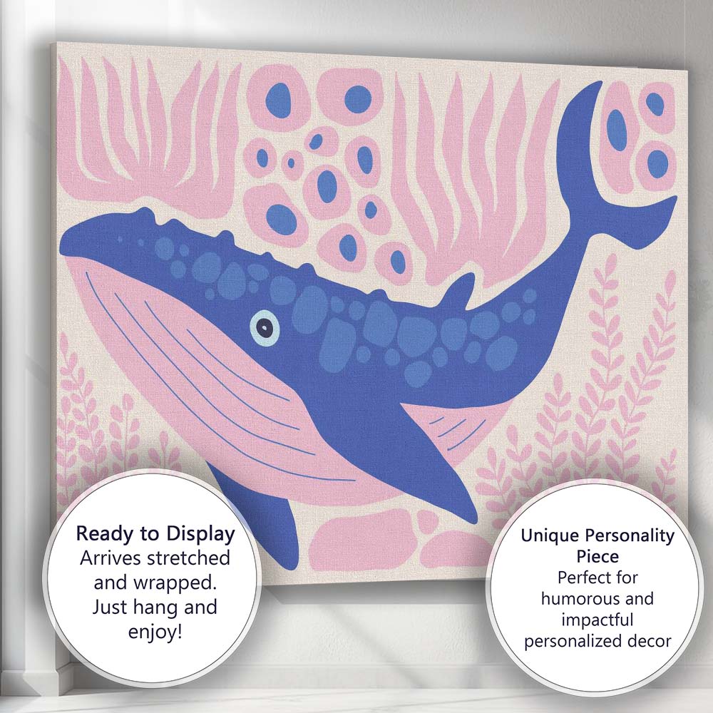 Cute Blue Whale Pink Coral Scandinavian Nursery Canvas Wall Art Print Decor Picture Ready to Hang
