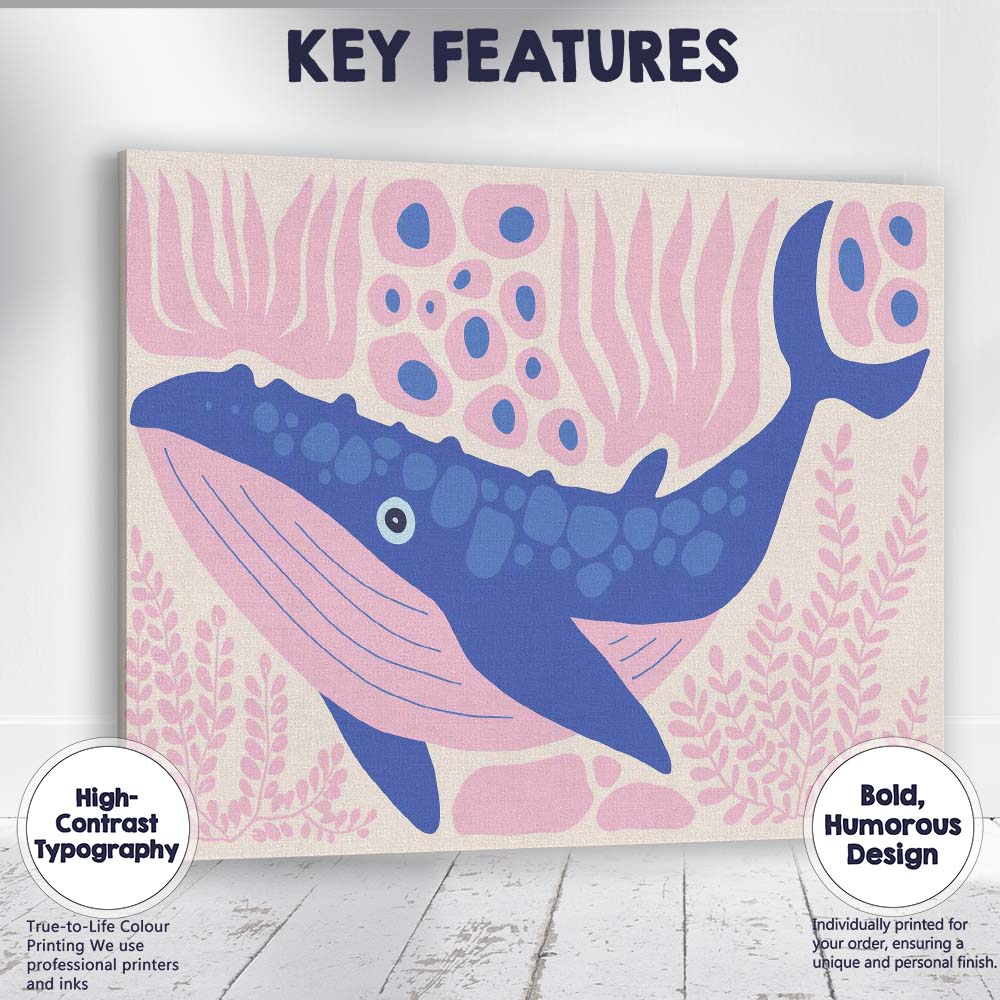 Cute Blue Whale Pink Coral Scandinavian Nursery Canvas Wall Art Print Decor Picture Ready to Hang