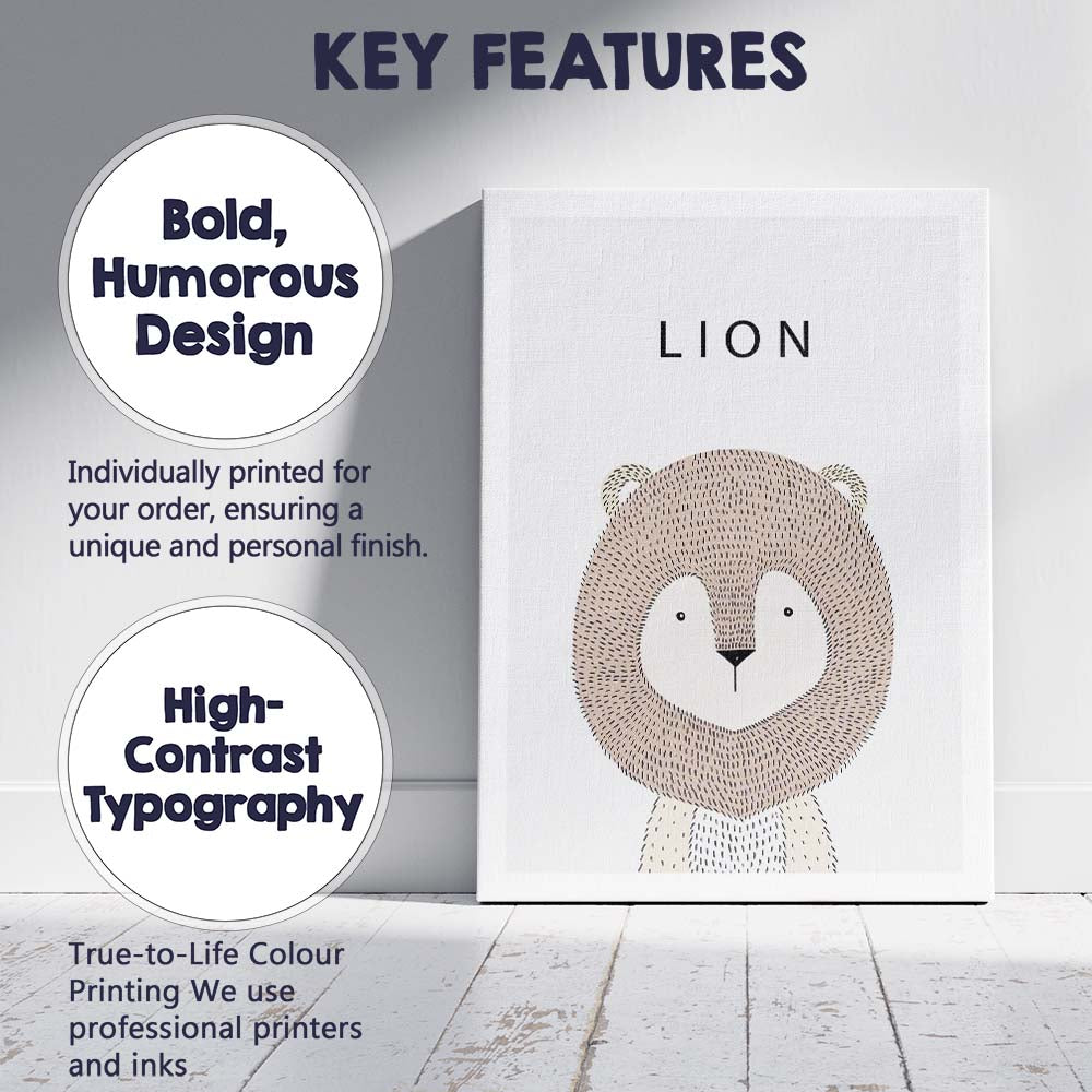 Minimalist Cute Lion Nursery Animal Illustration Canvas Wall Art Print Decor Picture Ready to Hang