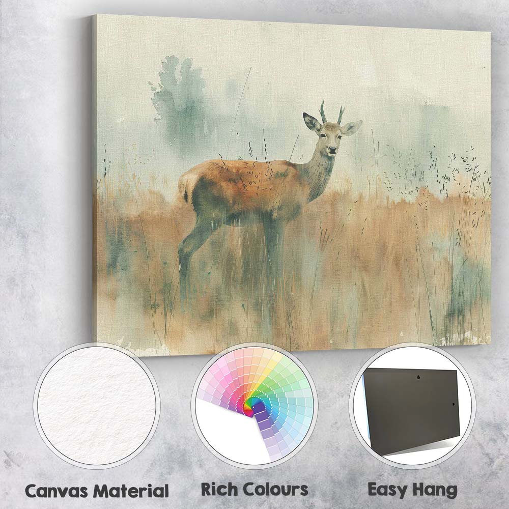 Soft Watercolour Woodland Deer Wildlife Landscape Canvas Wall Art Print Decor Picture Ready to Hang