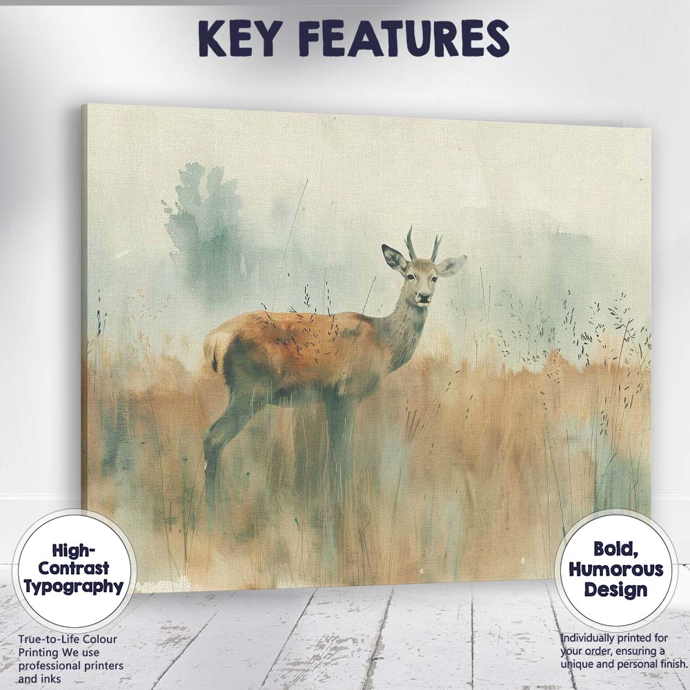 Soft Watercolour Woodland Deer Wildlife Landscape Canvas Wall Art Print Decor Picture Ready to Hang