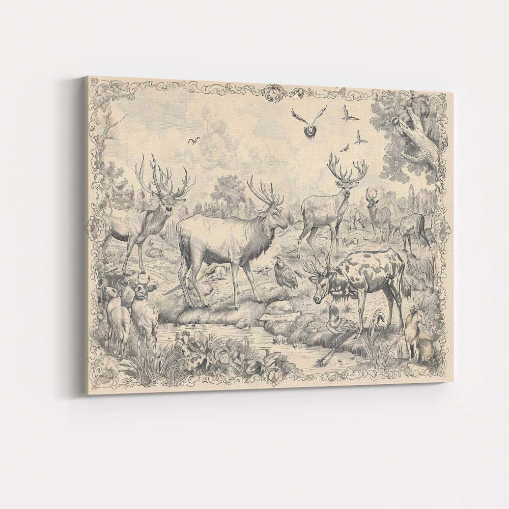 Antique Woodland Deer Wildlife Engraving Illustration Canvas Wall Art Print Decor Picture Ready to Hang